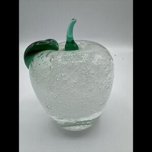 Vintage Clear Art Glass APPLE Paperweight * Green Stem & Leaf 5"  * AIR BUBBLES